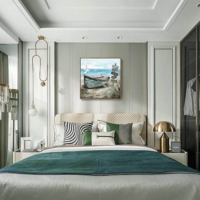 Framed Wall Art Bedroom Nautical Decor Boat Canvas Picture Rustic Coastal Sand Canvas Print Ocean Beach Painting Seascape Sea Bird Vintage Ship Artwork for Seaside Home Living Room Office Bathroom