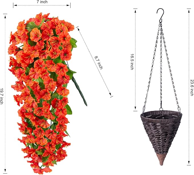 Artificial Fake Hanging Flowers Plants Baskets for Outdoor Fall Decoration, Faux Silk Orange Morning Glory in Planter UV Resistant Look Real for Home Porch Patio Balcony Yard Decor