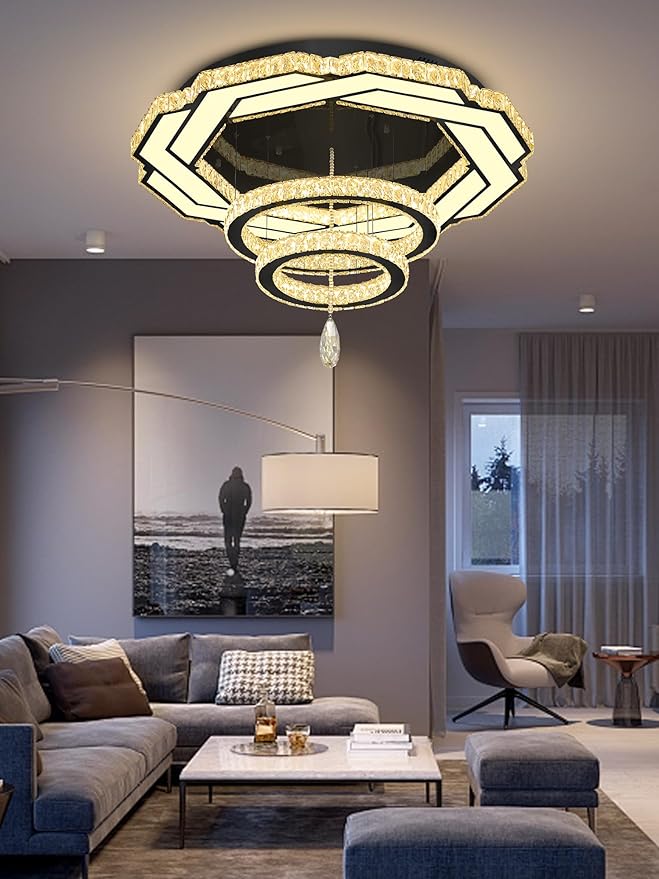 Flashing God Dia 32" Modern Crystal Chandelier Crystal Black Ceiling Light Fixtures LED Flush Mount Ceiling Light for Living Room Bedrooms Dining Room Dimmable 2700k- 6000k