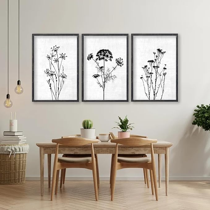 Flower Plant Wall Art Decor 24"x16" Set of 3 Black And White Botanical Painting Wood Framed For Minimalist Bedroom Office Rustic Living Room Abstract Wildflower Sign Hanging (Black)