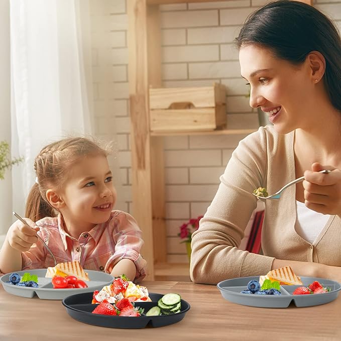 greenandlife 9 Inch (4PCS) Unbreakable Divided Plates for Kids Adults, Dishwasher & Microwave Safe Compartment Plate, Lightweight Reusable Plastic Portion Control Plates, BPA Free and Healthy