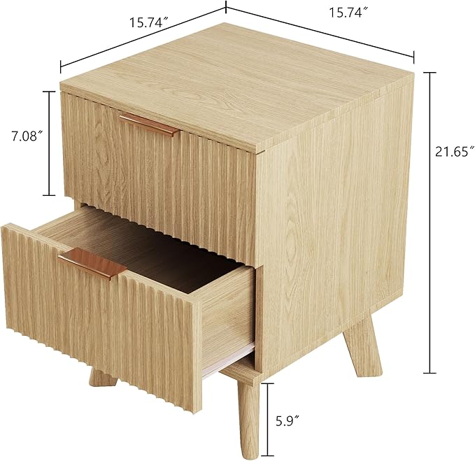 Fluted Nightstand, Mid Century Modern 2 Drawer Bedside Table for Bedroom, Small Dresser Night Stand Side End Table with Wood Fluted Drawer Storage for Bedroom Closet(Natural)