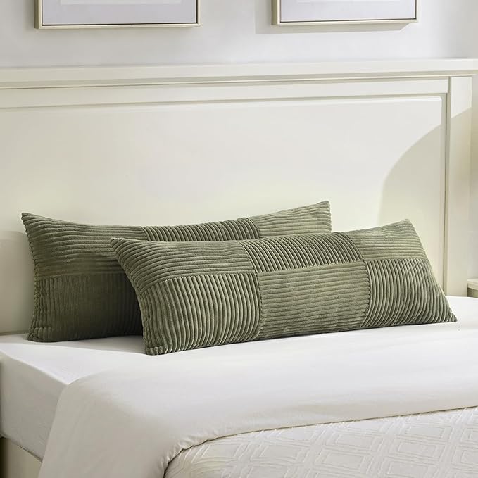 Fancy Homi Set of 2 Olive Green Boho Long Lumbar Body Decorative Throw Pillow Cover 14x36 Inch for Bed Couch Bedroom Bench, Soft Patchwork Corduroy Textured Pillow Case, Rustic Farmhouse Room Décor