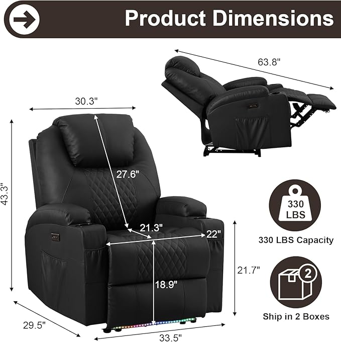 AHMED Power Recliner Chair with Vibration Massage & Heat for Adults, Faux Leather Home Theater Seating with Cup Holders/LED Lights/USB Ports/Side Pockets for Living Room, Black