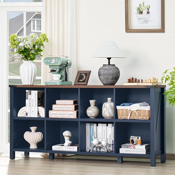 8 Cube Book Shelf, Farmhouse Wood Long Storage Organizer Bookcase, 62" Horizontal Navy Blue Console Closet Bookshelf, Hallway TV Stand for Entryway, Display Cabinet Book Case for Living Room