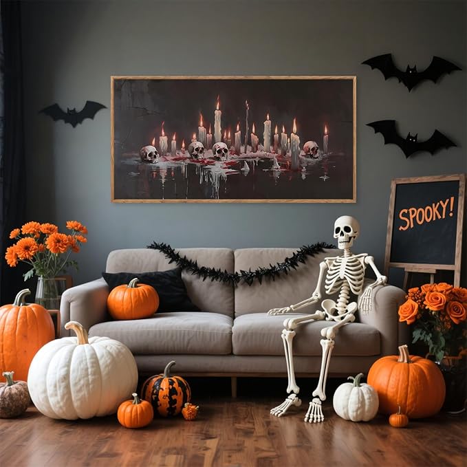 Aurlan Gothic Bloody Skull and Candles Framed Wall Art(40"x20"), Large Horror Dark Academia Halloween Skeleton Canvas Artwork, Modern Goth Spooky Creepy Ghost Decor for Home Office Bedroom