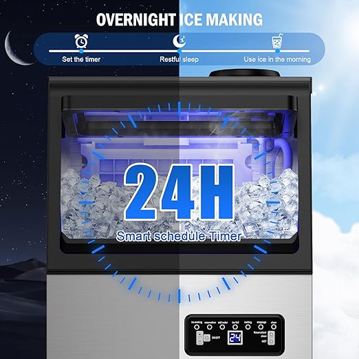 Commercial Ice Maker Machine 120 LBS/24H, 40 Ice Trays Freestanding & Undercounter Ice Machine Stainless Steel with 20 LBS Ice Storage Capacity, Ice Maker with Water Line and Filter, Dual Water Inlet