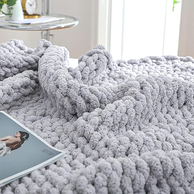 Bigacogo Chunky Knit Throw Blanket for Couch, 51x63 inches, 100% Hand Knitted with Thick Jumbo Chenille Yarn, Cozy Soft Large Rope Knot Cable Crochet Blankets for Sofa Bed Living Room, Light Grey