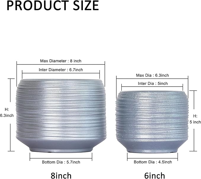 8 Inch + 6 Inch Ceramic Plant Pots Indoor with Drainage – Flower Pot Set, Decorative Indoor Planters for House Plants and Garden Use