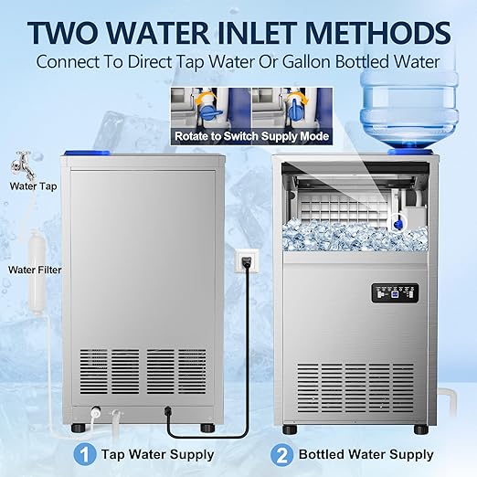 Commercial Ice Maker Machine, 150Lbs/24H with 45Lbs Storage, Fast Ice Making in 8-15Mins, Stainless Steel Under Counter or Freestanding Ice Machine for Home, Party, Office - 2 Water Inlet Modes