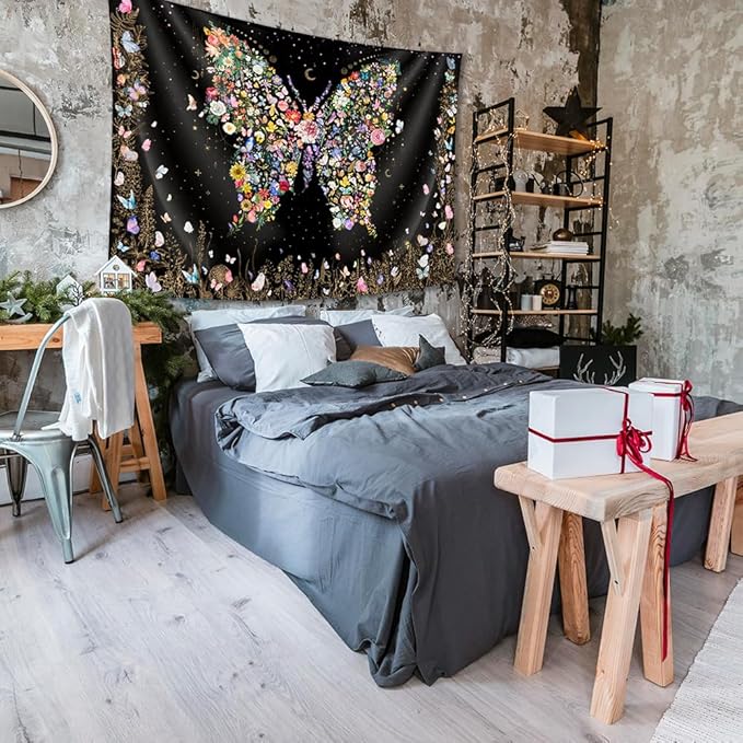Damanse Butterfly Tapestry Wall Hanging Cute,Boho Wall Tapestry for Bedroom Aesthetic,Flower Living Room Decor for Teen Girls (Black, 59.80" x 78.70")