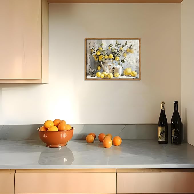 Framed Lemon Kitchen Wall Decor for Dining Room - Vintage Mustard French's Yellow Lemon Kitchen Wall Art, Rustic Oil Paintings Posters Prints for Bathroom Living Room Bedroom 8x10 inch