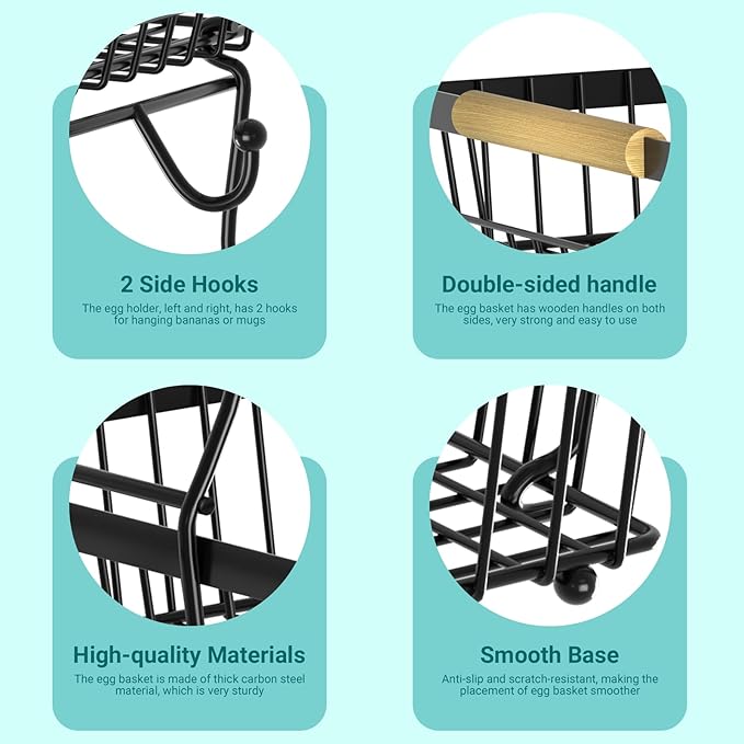 3 Tier Fruit Basket for Kitchen Counter with 2 Banana Hangers, Countertop Metal Fruit Bowl with Wooden Handle, Large Storage Stand for Vegetables, Snacks, Breads, Produce Storage – Black