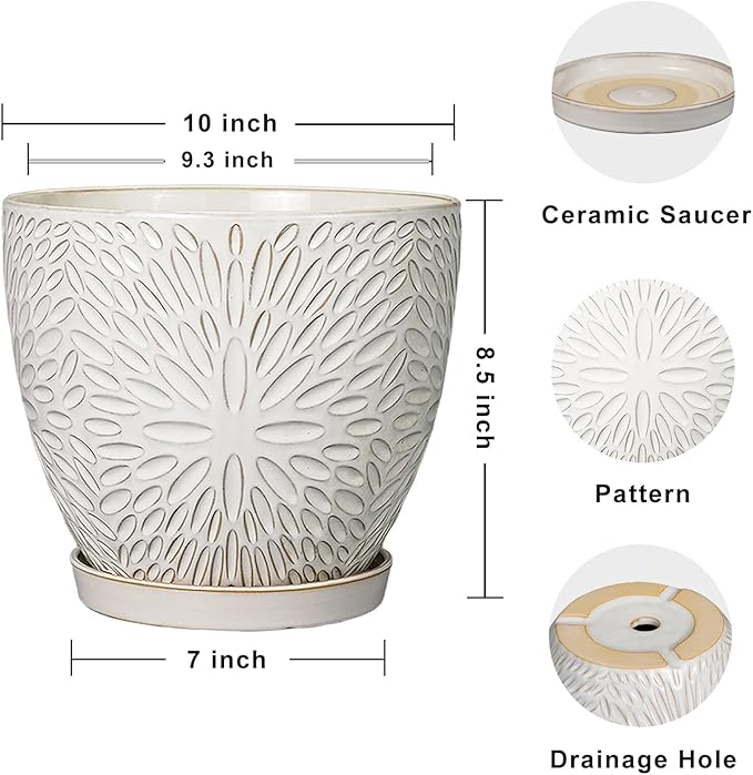 G EPGardening 10 Inch Ceramic Planter Pot with Drainage Hole and Saucer Large Plant Pot for Indoor Plants Outdoor Round Flower Pot for Home Garden Office White
