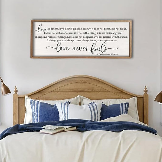 flowtorely Love is Patient, Kind Wall Art Decor 32"X12" Sign 1 Corinthians 13 Bedroom Above Bed Wall Decor Large Bible Verse Quote Scripture Christianity Hanging Sign (Wood)