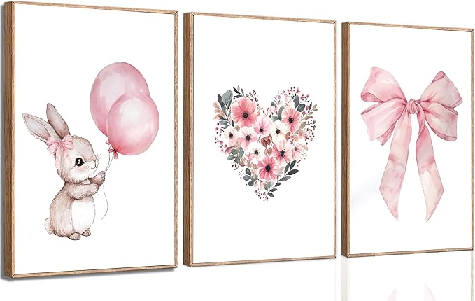 3Pcs Cute Bunny Canvas Wall Art Pink Bow Easter Poster Prints Love Wildflowers Picture Decoration for Nursery Girl Bedroom Children's Room Easter Gifts for Kids Unframed