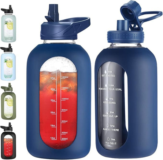64 oz Glass Water Bottle With Straw and Handle, Half Gallon Sports Motivational Water Jug Flask with Silicone Sleeve, Large Water Cup with Time Marker for Travel, Gym, Navy