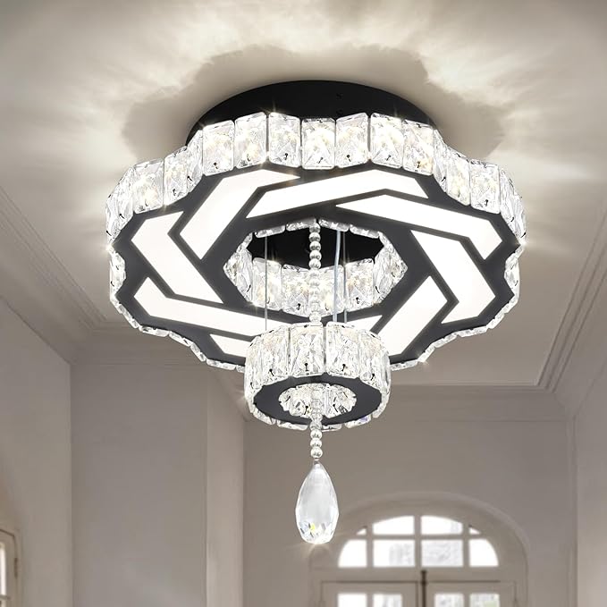 Flashing God 16 Inch Mini Chandelier Modern Crystal Chandeliers Light Semi Flush Mount Ceiling Light Fixture Small Black Chandelier for Bedroom Hallway Kitchen Foyer