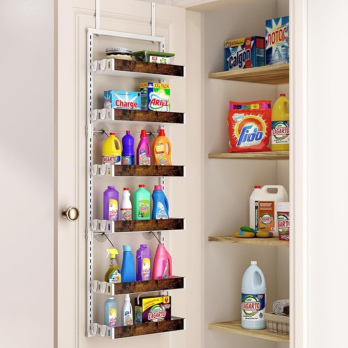 bukfen Over the Door Pantry Organizer, 6-Tier Adjustable Wooden Basket Kitchen Pantry Door Organization and Storage, Heavy-Duty Metal Hanging Kitchen Spice Rack,D6.3 x W17.71 x H50.60 inch,White