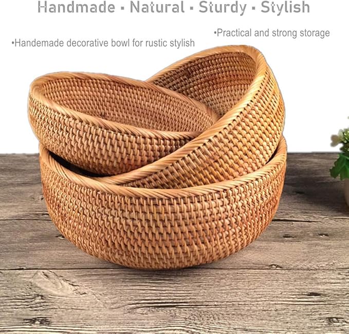 3 Pack Hadewoven Round Rattan Fruit Basket Wicker Food Tray Weaving Storage Holder Dinning Room Bowl, 10 Inch Small Wicker Basket Serving Tray Woven Basket for Bread,Snack,Brown(3-Size Kit)