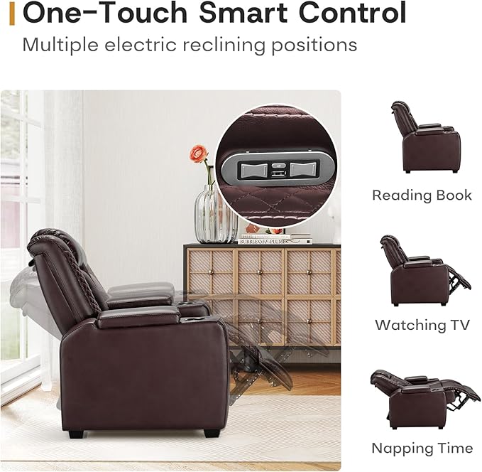 ANJ Power Home Theater Seating Set of 3, Brown Faux Leather Electric Recliner Chair with Powered Headrest, Dual Motors Movie Reclining Chairs with LED Lights,USB Port,Cup Holders, Hidden Arm Storage