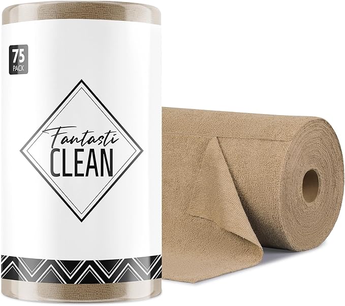 Fantasticlean Microfiber Cleaning Cloth Roll -75 Pack, Tear Away Microfiber Towels, 12" x 12", Reusable, Washable, Scratch Free, Ultra Absorbent Dish Rags for Car, Home, Garage or Shop (TAN)