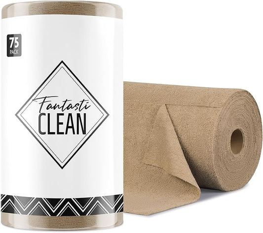 Fantasticlean Microfiber Cleaning Cloth Roll -75 Pack, Tear Away Microfiber Towels, 12" x 12", Reusable, Washable, Scratch Free, Ultra Absorbent Dish Rags for Car, Home, Garage or Shop (TAN)