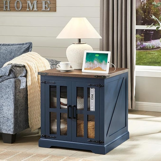 Farmhouse End Table with Charging Station,24" Large Sofa Side Table with Glass Barn Door, Rustic Wood Nightstand Bedside Table with Adjustable Storage Shelf for Living Room, Bedroom, Blue