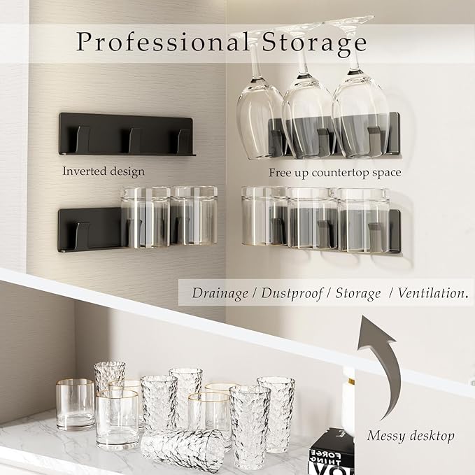 Cup Holder, 2 Pack Wine Glass Holder，No Drilling Installation Wine Glass Holder Wall Mounted for Dining Room, Kitchen and Bar Daily Use (Classic Black)