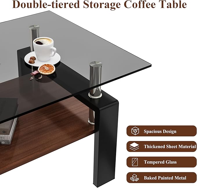 Glass Coffee Table Rectangle Living Room Center Table, with Gray Tempered Glass Tabletop and Brown MDF Layer,for Living Room and Office, Gray+Brown