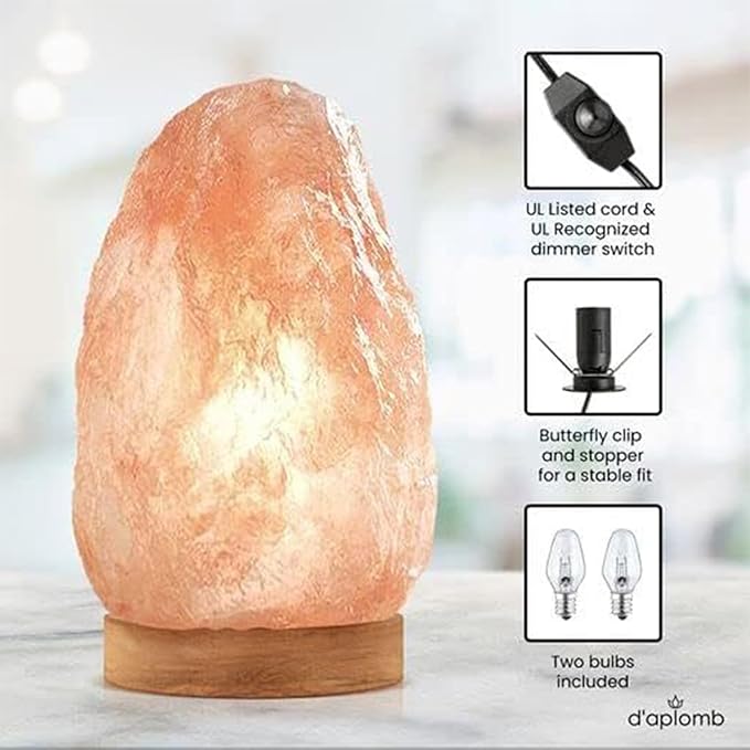 d'aplomb 100% Authentic Natural Himalayan Salt Lamp;Large Hand Carved Natural Chunk Pink Crystal Rock Salt from Himalayan Mountains; Dimmer Cord; 12 lbs