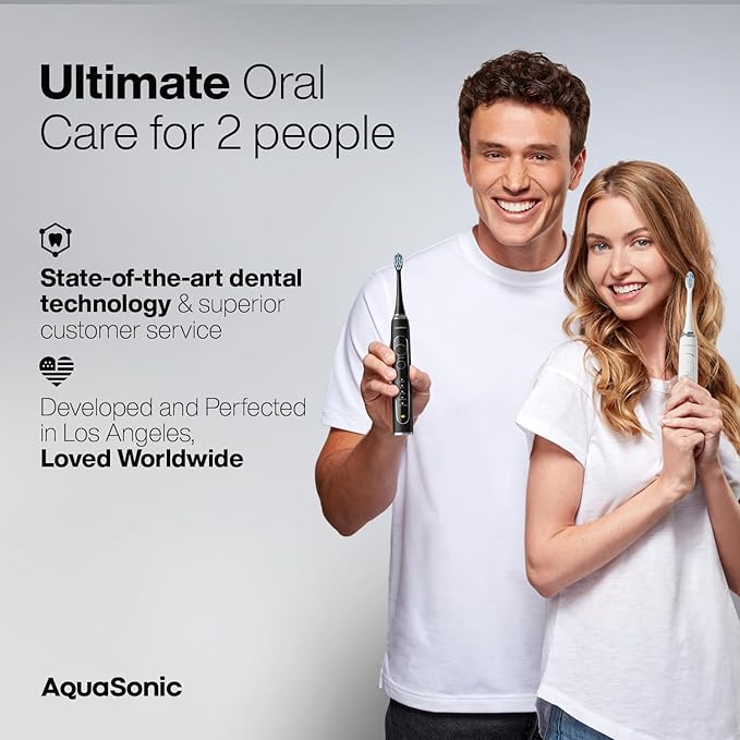 Aquasonic Duo PRO – Ultra Whitening 40,000 VPM Electric ToothBrushes – ADA Accepted - 5 Modes with Smart Timers - UV Sanitizing & Wireless Charging Base - 10 Proflex Brush Heads & 2 Travel Cases