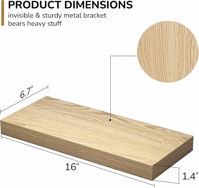 Fun Memories Floating Shelves - 16 Inch Wall Shelf for Decor & Storage - Wall Mounted Display Shelving with Invisible Heavy Duty Metal Bracket 2Pack, Oak