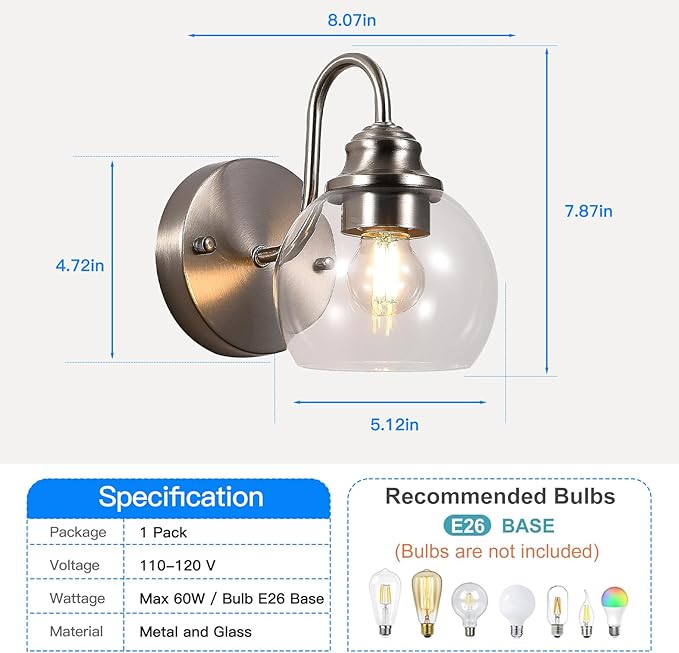 Farmhouse Gooseneck Wall Sconces Set of Two, Bathroom Brushed Nickel Vanity Light, Modern Indoor Wall Light Fixtures with Clear Glass for Bathroom Beside Mirror Living Room Hallway(Brushed Nickel)