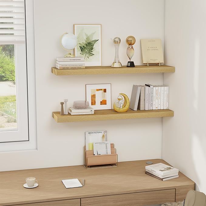 Fun Memories 36 x 8 Inch Floating Shelves for Wall, Farmhouse Bathroom Shelves Set of 2, Wood Wall Shelves 36 Inch Long, 36 x 8 x 1.4 Inch, Oak Color