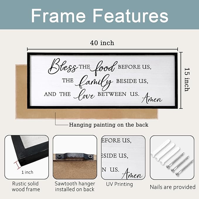 Bless the Food Before Us, the Family Beside Us, and the Love between us Framed Wall Art for Christian God Jesus Christ Prayer, 40''×15'' Positive Holy Religious Rustic Bible Verse for Dining Room