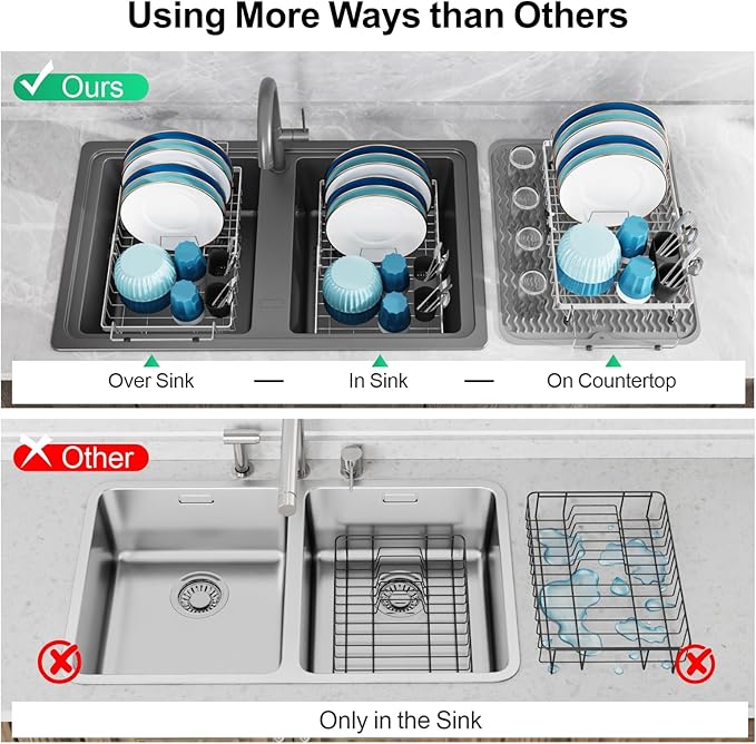 GSlife Stainless Steel Dish Drying Rack - Capacity Expandable in Sink Dish Drainer with Silicone Mat, Over Sink Dish Rack with Utensil Holder for Kitchen Counter, Large Capacity, Silver