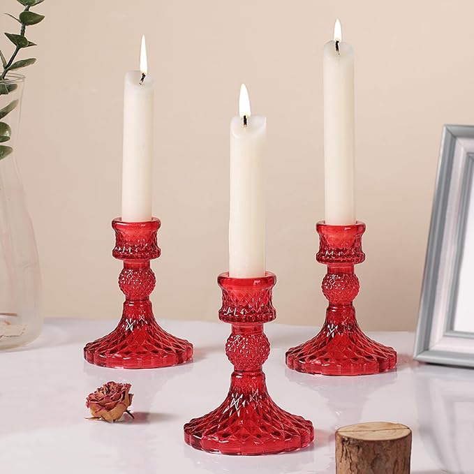 12Pcs Red Candlestick Holders Set- 4" H Taper Candle Holders Bulk, Glass Candle Holders for Activities, Party, Romantic Dinner Table Centerpieces, Festival Gifts & Windowsill Decor