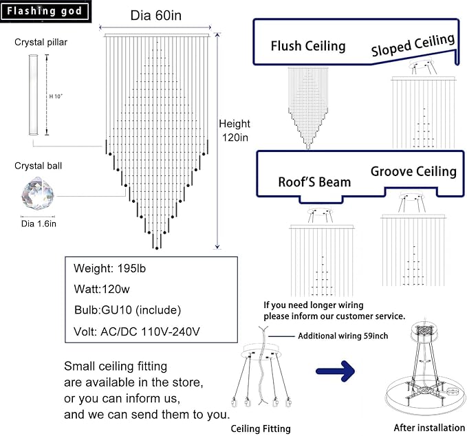 Flashing God D59''X H120'' Extra Large Chandeliers for High Ceilings Crystal Raindrop Chandeliers Large Villa Chandelier Entrance Foyer Ceiling Light LED Dimmable 2700K-6000K