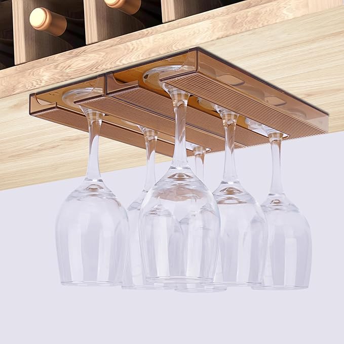 2 Pcs Wine Glass Holder,Stemware Rack Punch-free Hanging Under Cabinet for Bar,Kitchen and Restaurant (Brown)