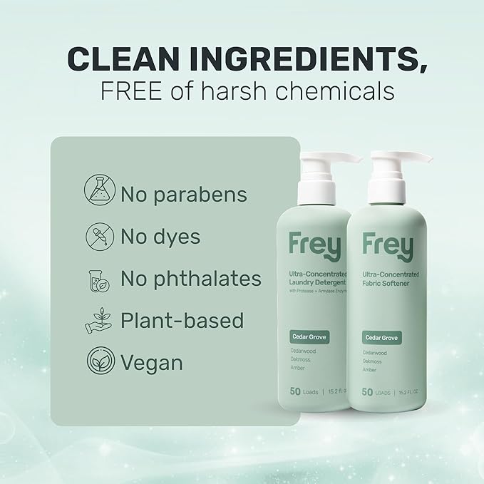 FREY Concentrated Liquid Laundry Detergent | Formulated for Sensitive Skin & HE Washers | Removes Stains Effectively | 50 Loads per Bottle (2-pack Cedar Grove)