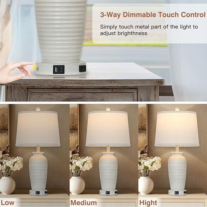 25" Farmhouse Jar Table Lamps Set of 2,Rustic Cream Pot Table Lamp for Bedroom, Living Room,3 Way Touch Control Rustic Bedside Lamps with USB A+C Ports & AC Outlet(LED Bulbs Included)