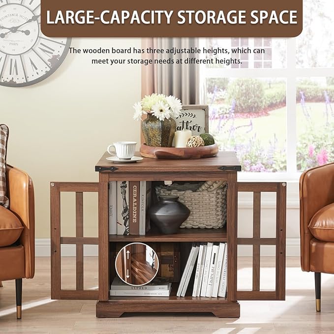 Farmhouse End Table with Charging Station,24" Large Side Table with Glass Barn Door, Rustic Wood Nightstand Bedside Table with Adjustable Storage Shelf for Living Room, Bedroom,Walnut,2 pack