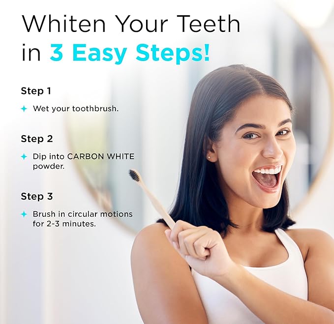 CARBON WHITE Teeth Whitening Powder - Natural Activated Coconut Charcoal Tooth Powder for Removing Stains & Discoloration - Helps Fight Tartar & Plaque, Freshens Breath - Tasteless, Odorless - 30g