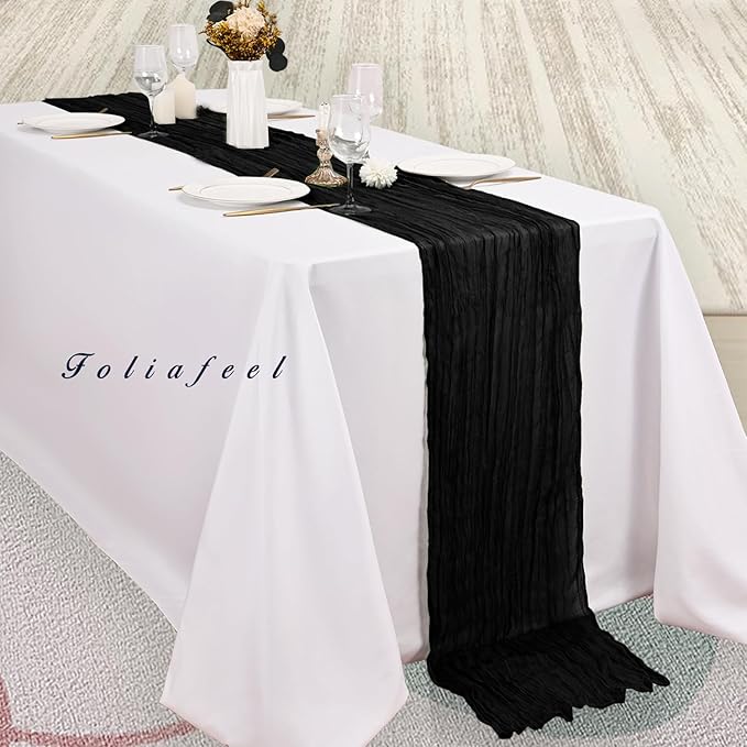 10FT 12 Pack Black Cheesecloth Table Runner 20 x 120 Inch Long Boho Fabric Rustic Cheese Cloth Table Runner for Wedding Bridal Shower Baby Shower Gauze Sheer Birthday Party Table Decorations