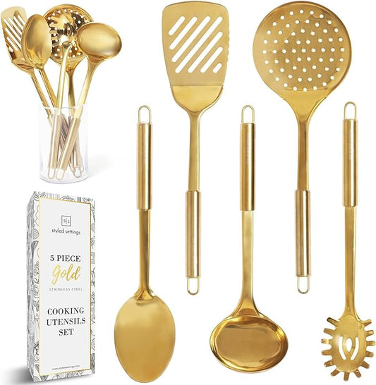 Gold Cooking Utensils Set – 5-Piece Stainless Steel Kitchen Tools for Modern Cooking and Serving – Dishwasher Safe Ladle, Spoon, Spatula, Pasta Fork, Luxury Brass Kitchen Accessories for Home Chefs