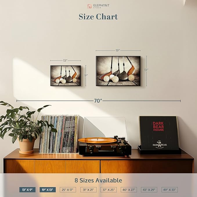 ElephantStock Golf Sets Wall Art - Horizontal Framed Canvas - 1-Piece Mancave Wall Decor - Photography Sports Canvas Print - Yellow and Brown Decor for Wall - 13" X 9"