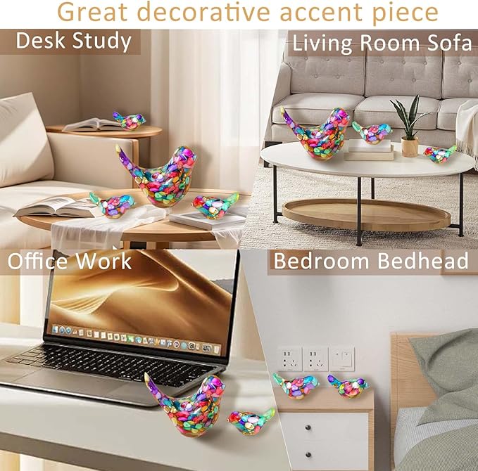 Crystal Bird Figurines, Resin Animal Statues, Miniature Decorative Gravel Birds, Home Decor (4PCS-Colorful)