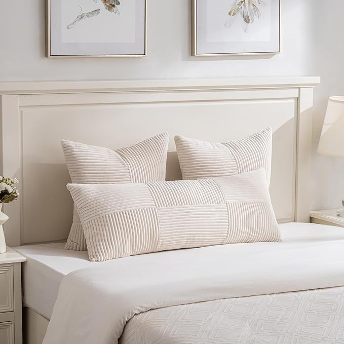 Fancy Homi Set of 2 Cream Boho Long Lumbar Body Decorative Throw Pillow Cover 14x36 Inch for Bed Couch Bedroom Bench, Soft Patchwork Corduroy Textured Pillow Case, Rustic Farmhouse Room Décor