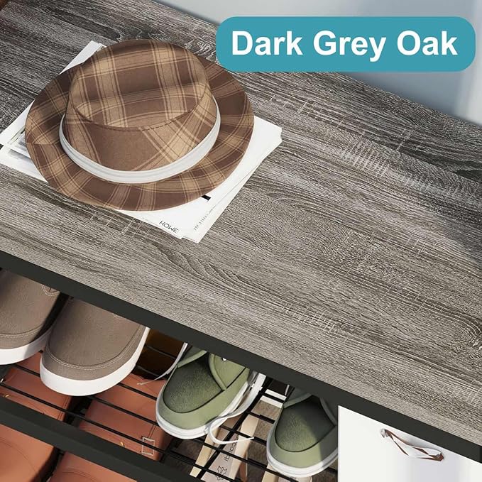 BON AUGURE Hall Tree with Bench and Shoe Storage, Entryway Bench with Coat Rack, Wooden Metal Coat Tree with Hooks, 5 in 1 Multifunctional Shoe Benches and Wall Rack (Dark Gray Oak)